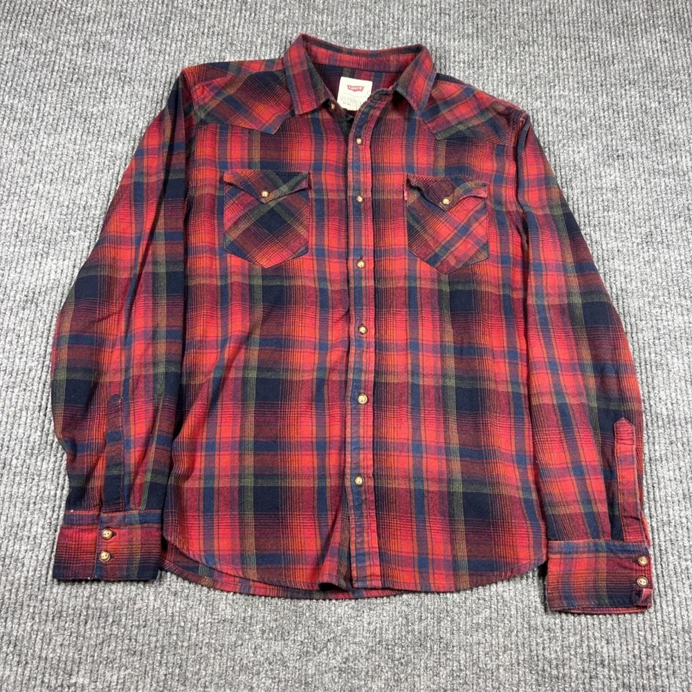 Levis Shirt Mens L Red Plaid Flannel Western Pearl Snap Long Sleeve RN117508